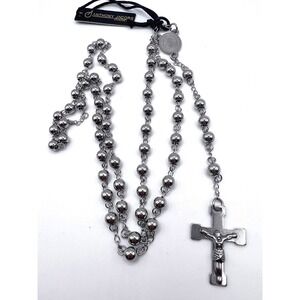 Anthony Jacobs Stainless Steel‎ Rosary Necklace Silver Cross 28" Long